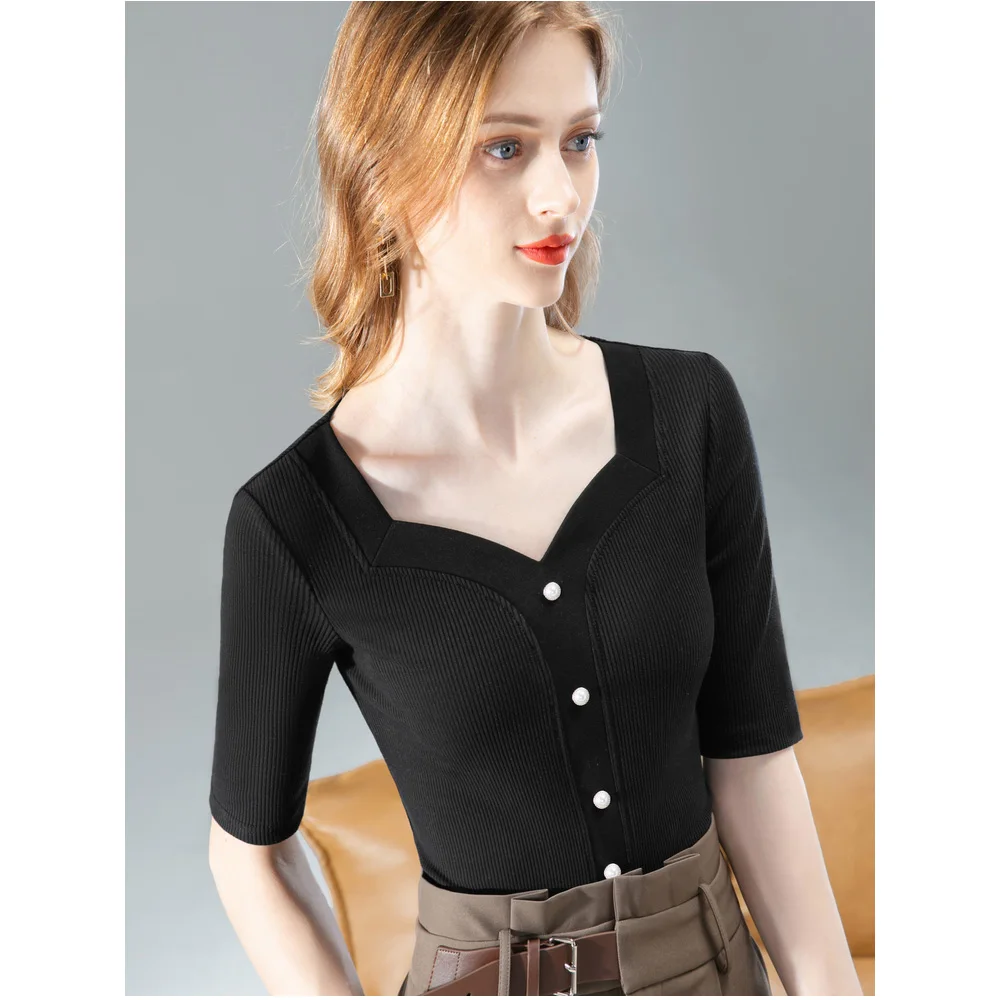 

New Women Black T-shirt Summer 2022 Elegant French Style Square Collar Half Sleeve Slim Elastic Tee Tops Skinny Threaded T-shirt