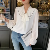 2022 korean women long sleeve chiffon bandage shirt v neck bow casual shirts office lady clothes