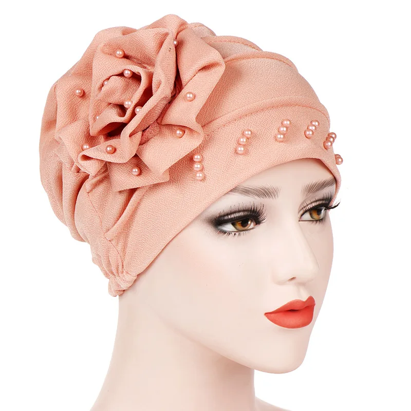

Helisopus Women New Fashion Ruffle Beaded Solid Scarf Cap Muslim Head Wrap Chemo Turban Bandanas Ladies Hair Accessories