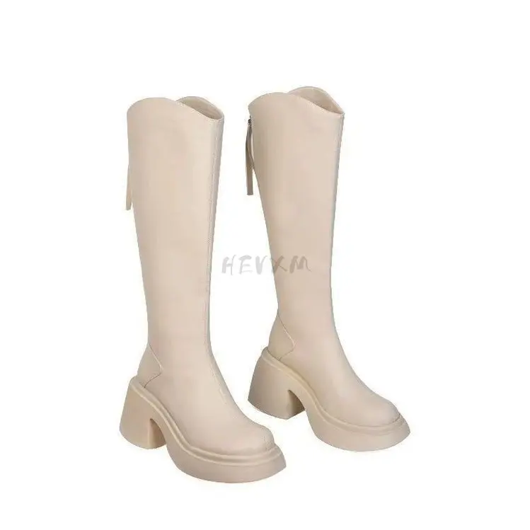 2023 Winter New Women Long Boots Thick Sole Ladies Zipper Knight High Heel Casual Soft Leather Long Boot Shoes Mujer