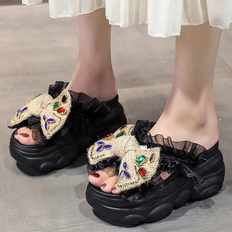 

Rimocy Rhinestone Bowtie Chunky Platform Sandals Woman 2022 Summer Wedges Heels Sandalias Women Lace Strap Slides Flip Flops