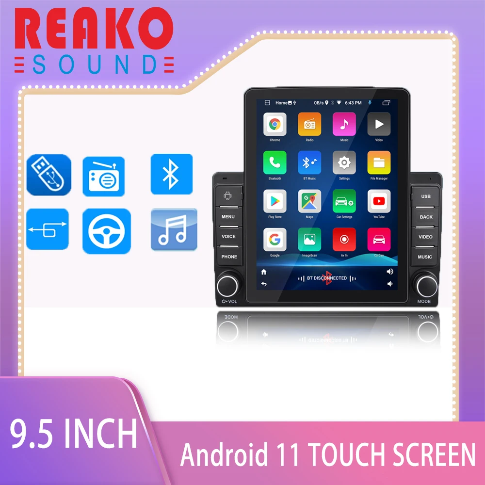 

REAKO Android 11 Car Radio Stereo 9.5 inch Capacitive Touch Screen High Definition GPS Navigation Bluetooth USB Player 9580A