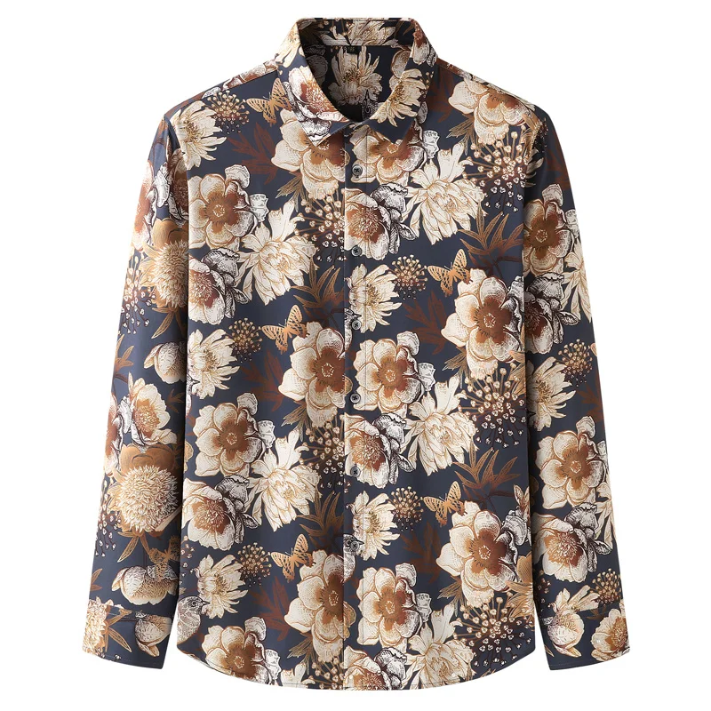 

Plus Size Men's Casual Flower Shirt Autumn Long Sleeves Male Fashion Elasticity Printed Shirts Brand Clothes 6XL 7XL 8XL10XL