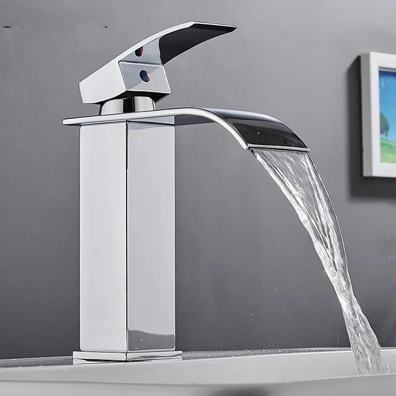 

Basin Waterfall Faucet Wide Mouth Stainless Steel Mirror Surface Treatment Square Elbow Cold and Hot Water Table Basin Faucet