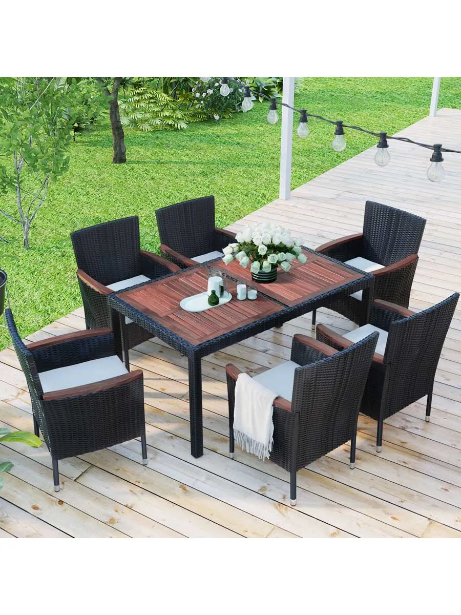 7-Piece Outdoor Patio Dining Set, Garden PE Rattan Wicker Dining Table and Chairs Set, Acacia Wood Tabletop,Chairs with Cushions 1