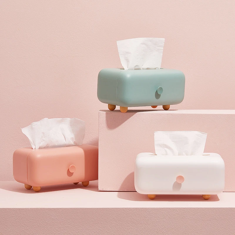 

Home Desktop Paper Box Nordic Style Living Room Decoration Tissue Box Storage Wooden Feet Solid Color Belt Magnetic Organizer