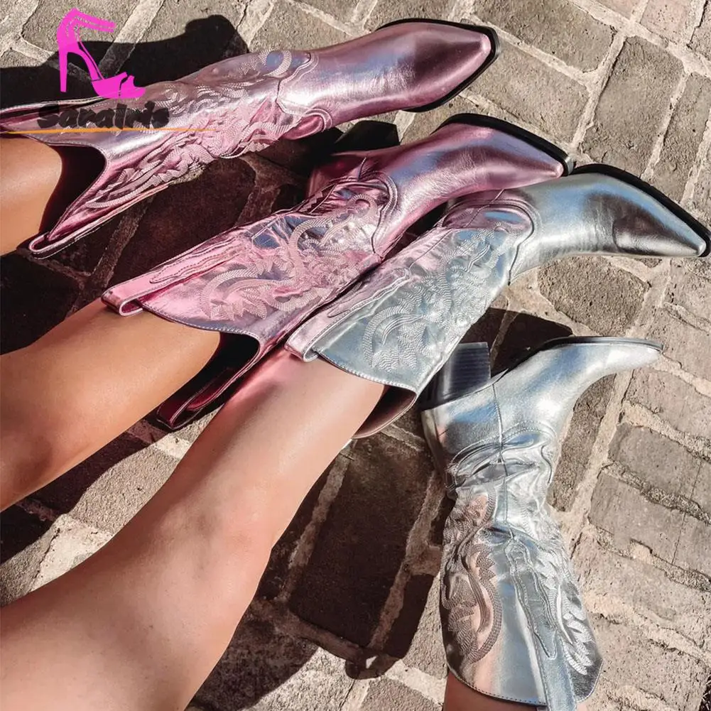 Vintage Cowboy Western Boots 2023 Hot Fashion Embroidery Mid Calf Boots Autumn Winter High Quality Comfy Walking Women's Boots