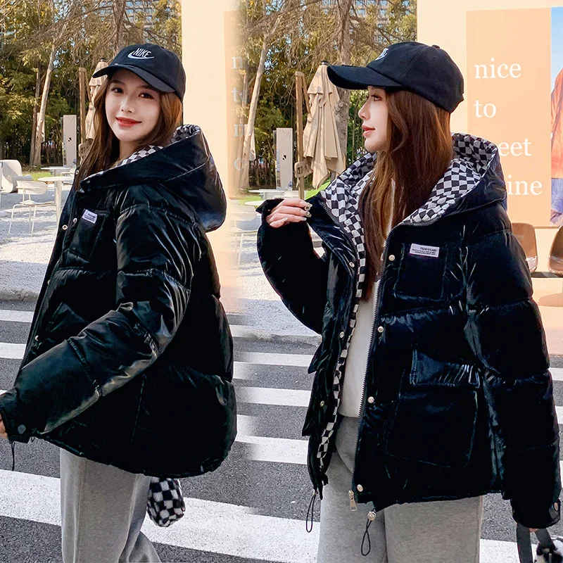 Oversize Women's Winter New Style College Style Fashion Hooded Pearlescent Colorful Thickened Warm Down Cotton Jacket Women