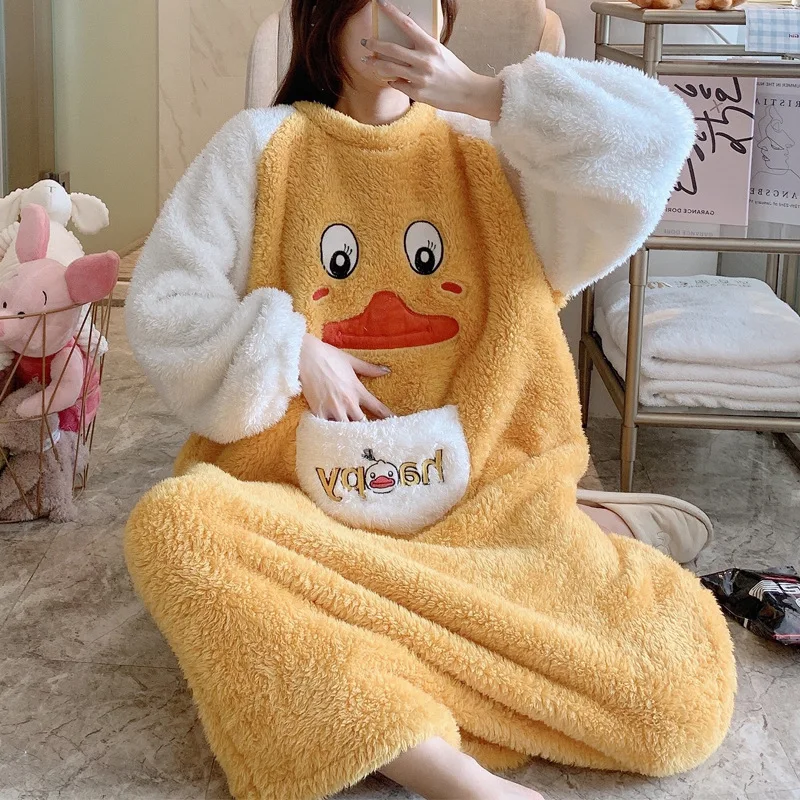Women Winter Warm Fleece Nightgown Sleepwear Cute Kawaii Cartoon Pajama Homewear Nightdress Sweet Loose Flannel Girls Nightdress
