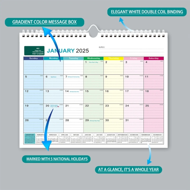 Подвесной календарь A9LC Настенный на 2025 год Еженедельный планировщик Английское
