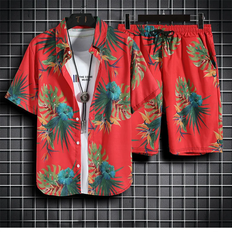 

Mens Set Short Sleeve Hawaiian Shirt And Shorts Summer Casual Floral Shirt Beach Two Piece Suit 2023 New Fashion Men Sets S-5XL