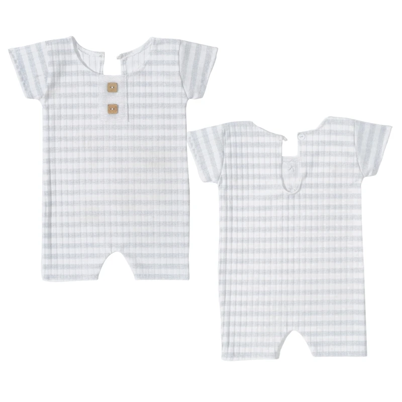

L21F Newborn Baby Photography Props Short Sleeve Rompers Striped Buttons Front Onesie