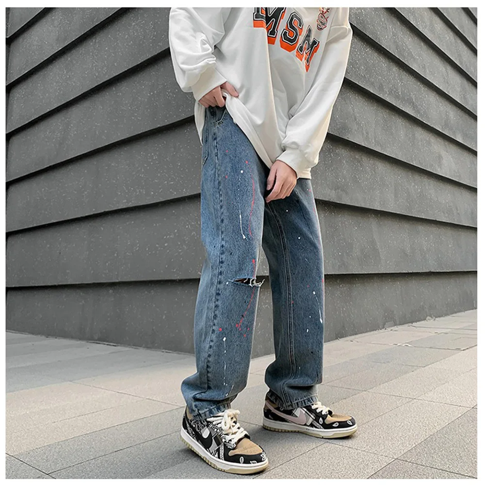 Ripped Jeans Hole Fashion Japanese Style Hip Hop High Street Straight Pants Casual Loose Long Trouser Men Chic Clothing