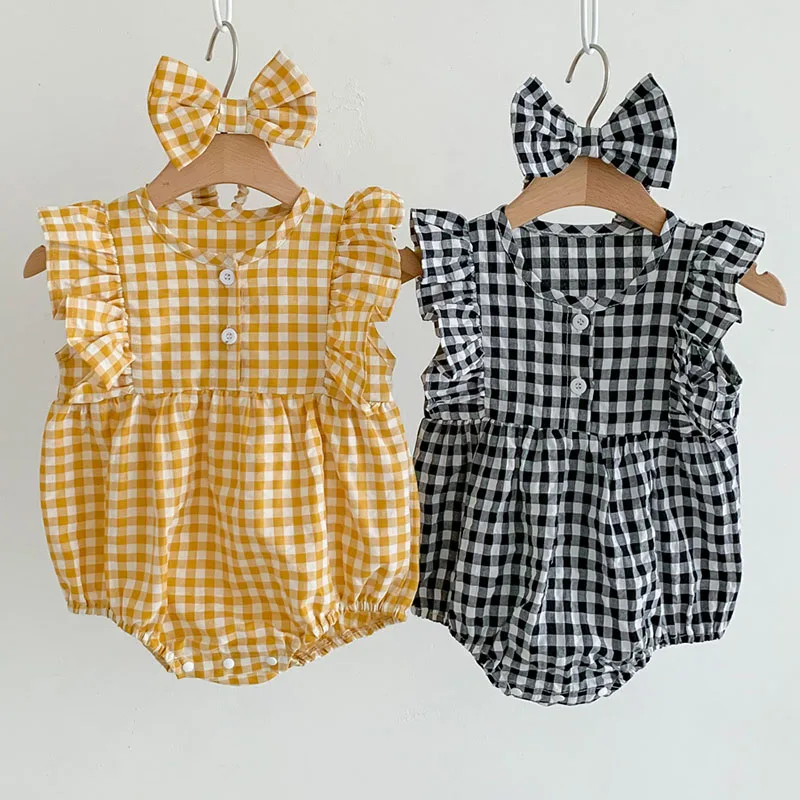 

Летняя одежда для младенцев, Комбинезоны для маленьких девочек, милый комбинезон в клетку, комбинезоны для новорожденных с летящим рукавом, милая хлопковая одежда для малышей