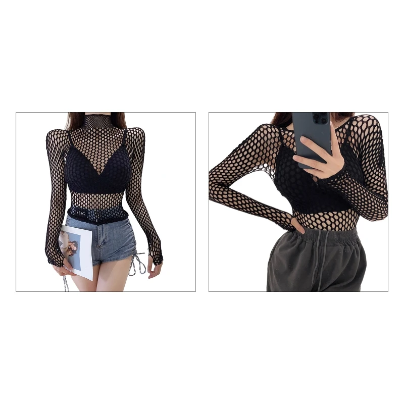 

Women Sexy Long Sleeve Fishnet Pullover T-Shirt Hollow Out Holes Transparent Mesh Turtleneck Slim Tee Top Streetwear