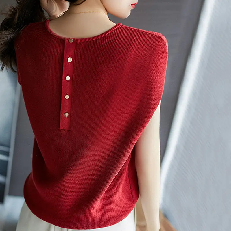 

Women's 2022 summer new tops back buttoned round neck shoulder knitted sweaters women's T-shirts Tees Tops