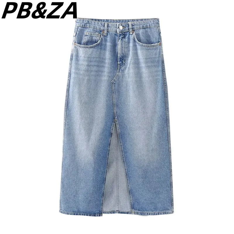 

PB&ZA 2023 new women's high waist bag hip slit mini mid-length skirt denim mid-length skirt 47051317