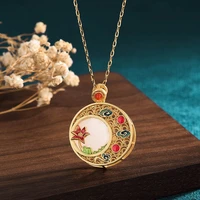 national tide enamel round pendant necklace hetian jade gold flower cloud sun necklaces for women vintage china style jewelry