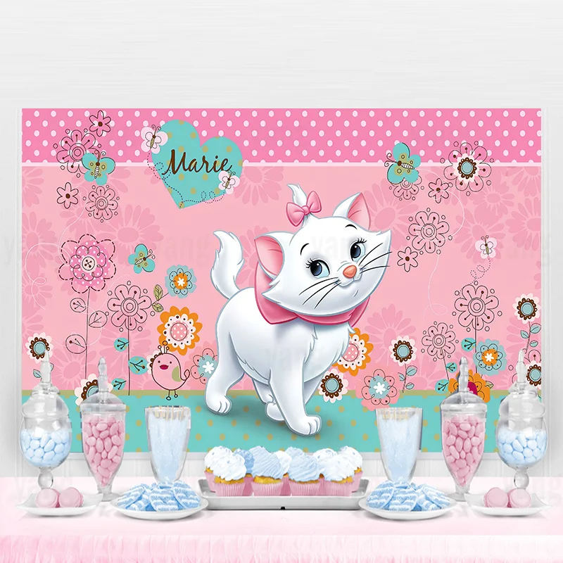 

Disney Sweet Cute Pink Marie Cat Custom Backdrop Girl 1st Birthday Party Banner Stripes Photography Background Dessert Table