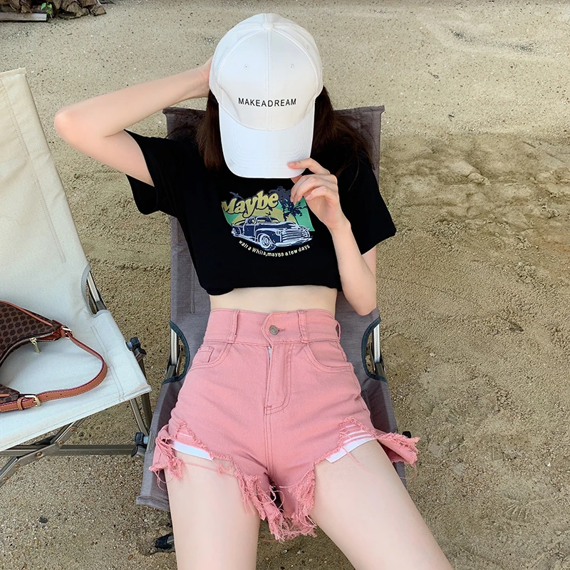 Perforated Jeans Shorts Women Oversized Summer Hot Pants Womens Clothing Pink Shorts for Women Denim Shorts High Waisted Shorts