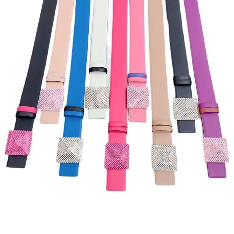 

Online popular VALEN women's leather belt casual fashion slim fit versatile colorful rhinestone cowhide color matching belt