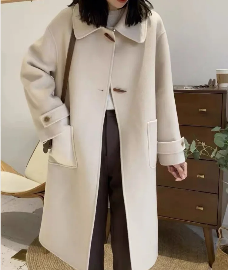 

Autumn and winter cow horn button double faced cashmere coat Women's medium long over knee high-end wool coat Korean version