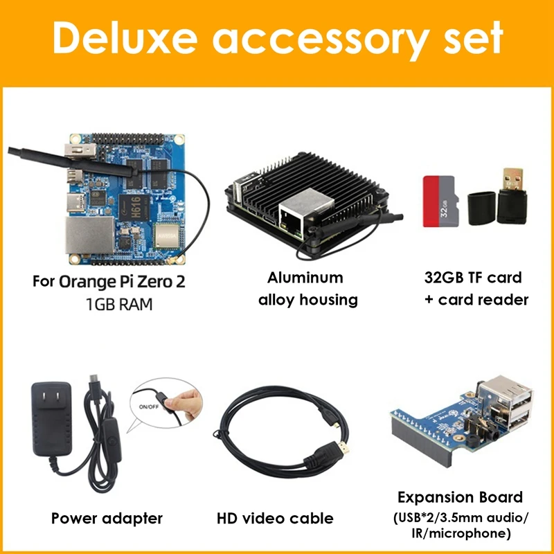 

Комплект макетной платы для Orange Pi Zero 2 + расширяющаяся плата + корпус + HD-кабель + TF-карта 32 ГБ + кардридер + адаптер питания