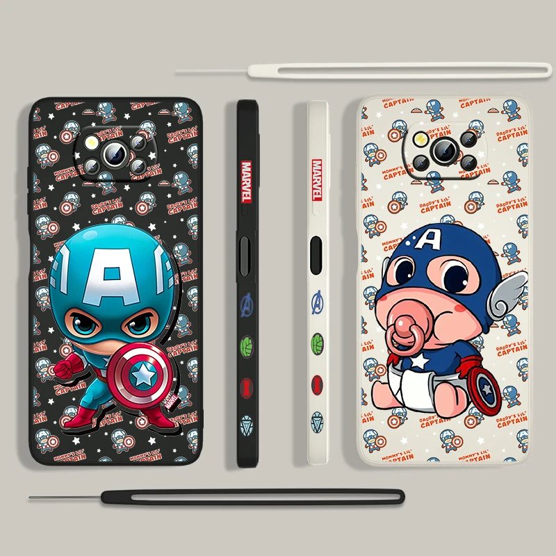 

Marvel Cute Hero Avengers For Xiaomi POCO X3 NFC F3 GT M4 M3 M2 Pro C3 11 Ultra Silicone Liquid Left Rope Phone Case Cover Capa