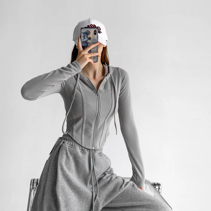 

Deeptown Vintage Women Zip Up Hoodies Y2k Korean Fashion Streetwear Sweatshirts Tunics Cropped Cardigan Female Basic Casual Top