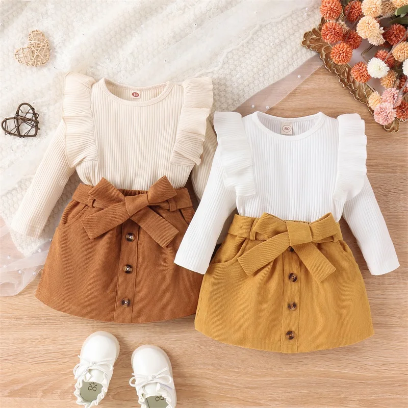 

0-4Y Baby Girls Autumn Winter Outfits Ruffle Long Sleeve Ribbed Tops Corduroy Button Skirt Sets Kids Fashion Girls Clothes