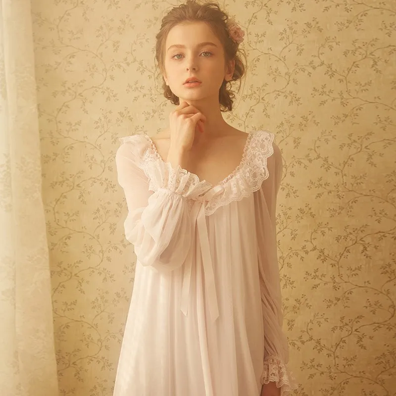 Retro Nightgowns Women Lace Long Sleeve Princess Pajamas French Sexy Nightdress Loungewear Sweet Girls Lovely White Clothing