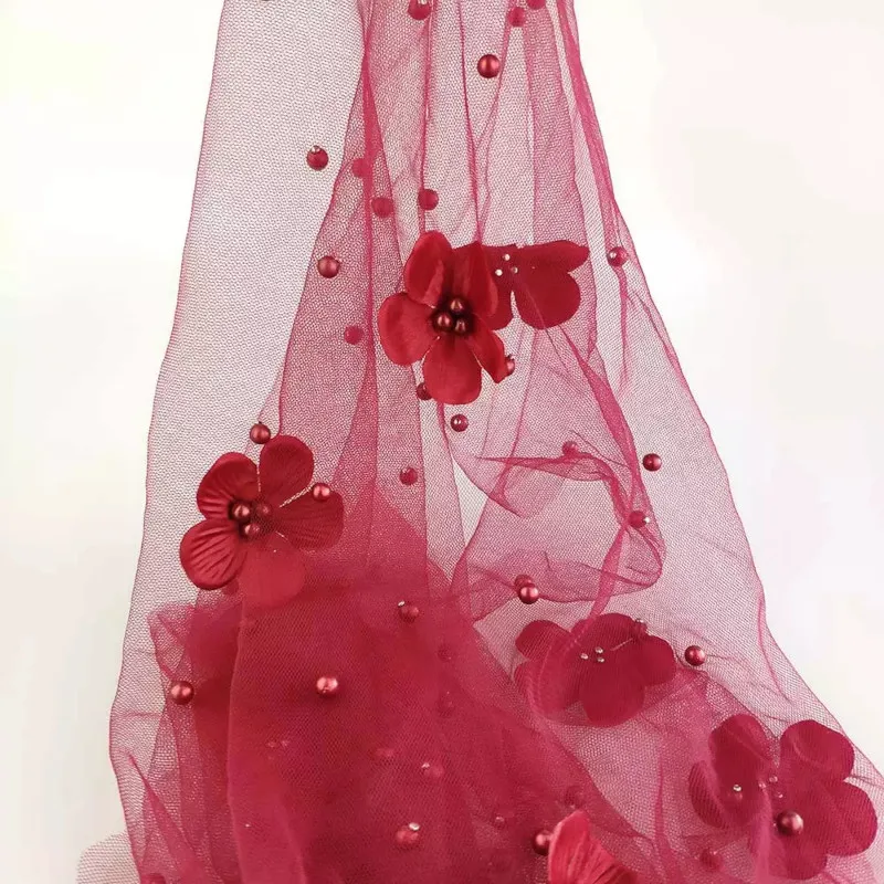 3/5/10yard Soft 3D Mesh Fabric Beads Pearl and Flower Embroidered Lace Tulle Material for Dressmaking Black White Pink by yard - купить по