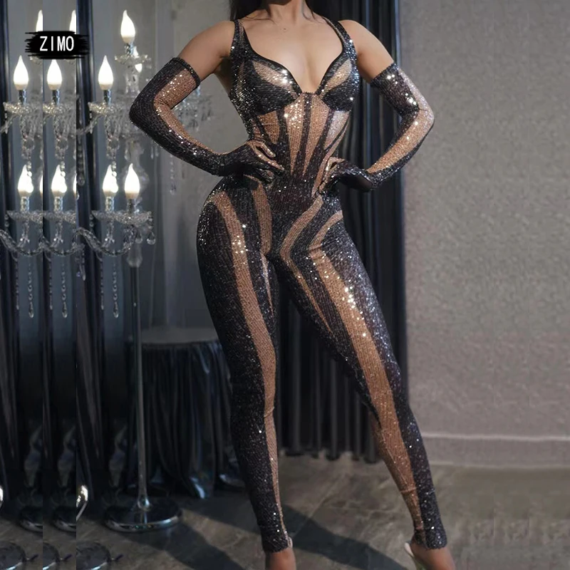 Модное черное пикантное Женское боди с блестками для ночного клуба сцены шоу