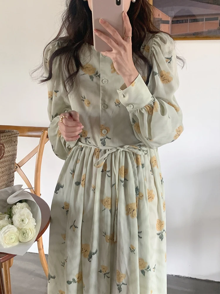 

2023 Spring Fashion Chiffon Floral Single breasted Dresses Summer Women's Vintage Classic Mori Girl Sundress Female Clothes