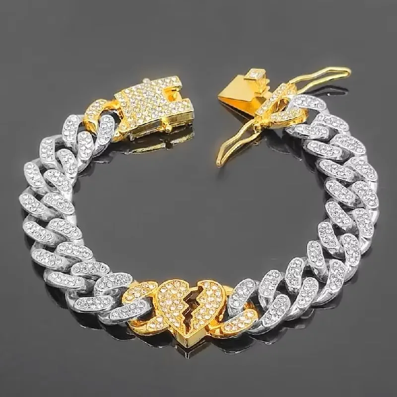 Hip Hop Broken Heart Cham Jewelry 13mm Miami Curb Cuban Chain Anklet Bracelet Gold Silver 2tone Color Bling CZ Stone Iced Out