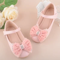 pink white romantic sweet princess kids leather shoe summer childrens flat heels for fashion girls party wedding shoes with bow