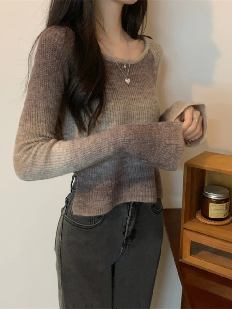 Женский вязаный свитер с градиентом элегантный винтажный пуловер расклешенными