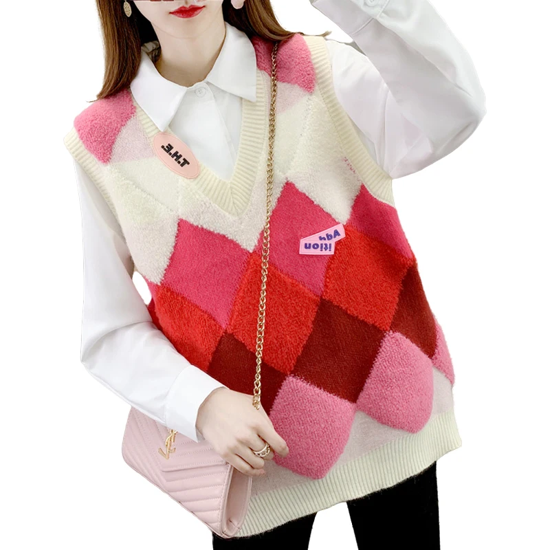 Женский свитер без рукавов, винтажный вязаный клетчатый Топ в стиле Харадзюку, Осенний топ в Корейском стиле, Y2k