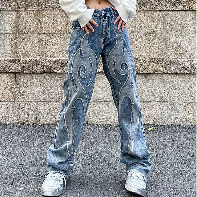

Vintage Flame Embroidered High Rise Jeans Women's Washed Old Loose Fit Jeans Women's Y2K Jeans Casual Pants Loose Fit Jean