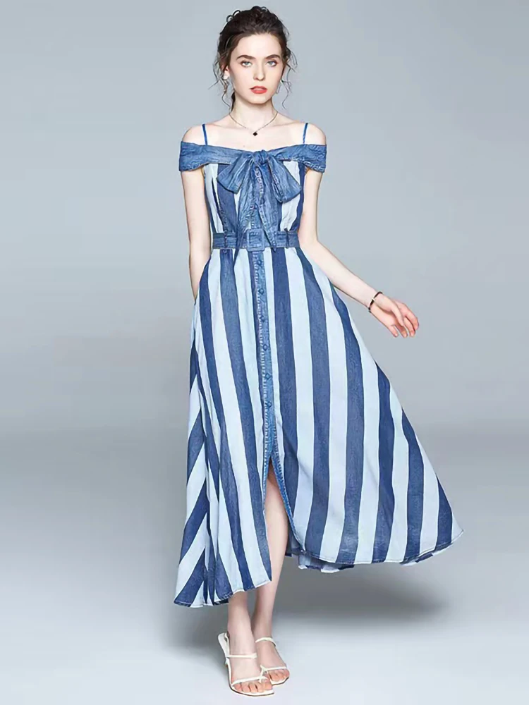 

Summer French Women Jeans Striped Sexy Holiday Maxi Dress Off Shoulder A Line Belted Dresses Beach Fashion Vestidos