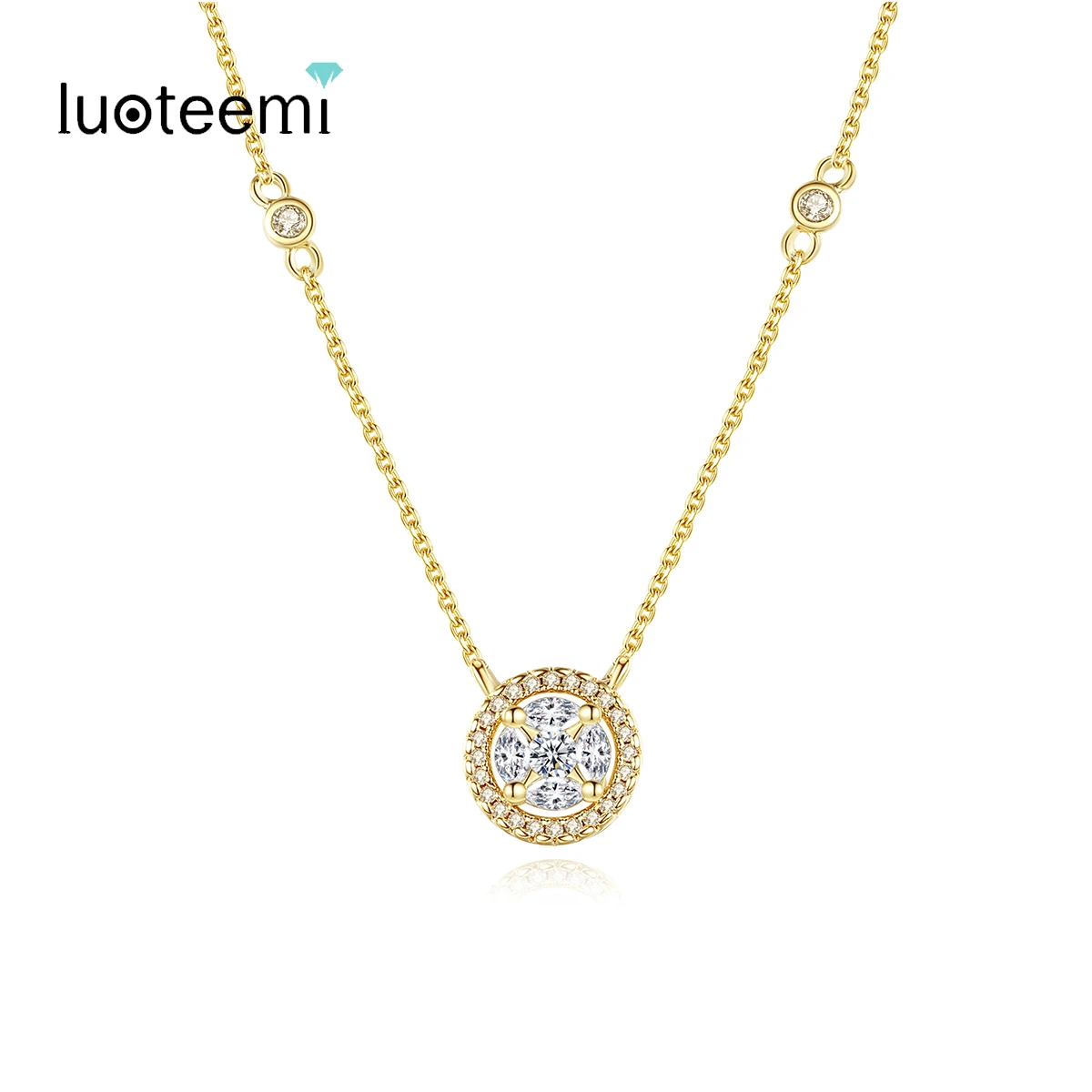 

LUOTEEMI Small Round 1 Carat Gold Color Necklace for Women Cubic Zircon Link Chain Korean Fashion Friend Gifts Bijoux Femm