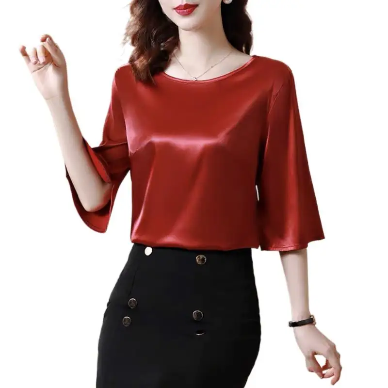 Новинка весна-осень 2024 универсальная ацетатная атласная блузка с круглым