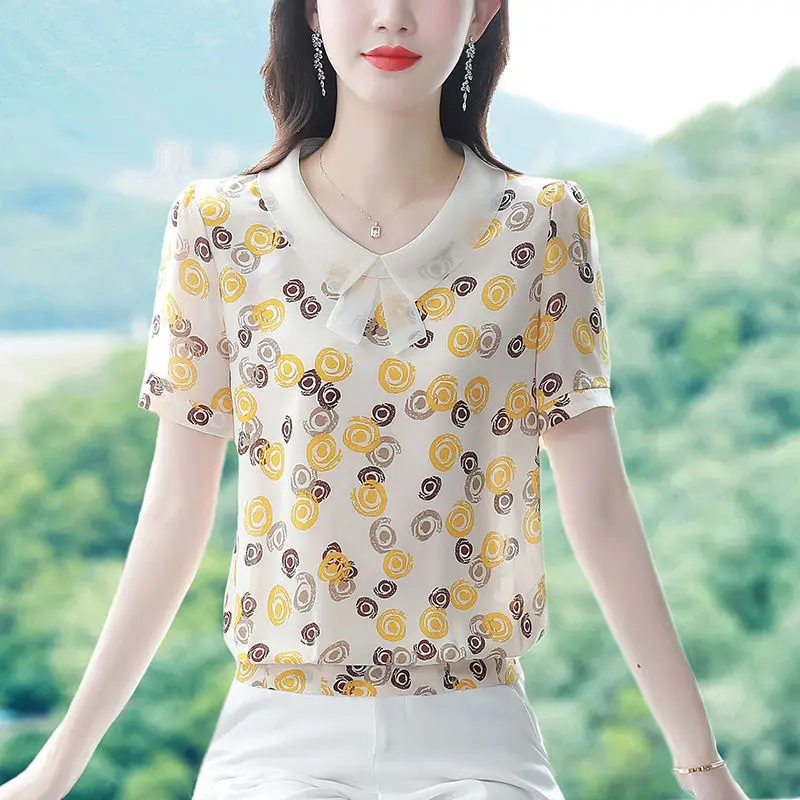 

Summer New Short Sleeve Chiffon Shirt Women's Floral Print Bottoming Blouse Fashion Outerwear Thin Top M-5XL