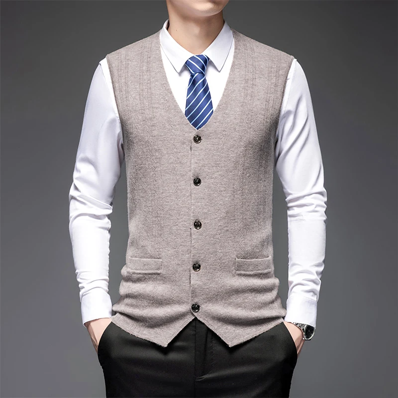 

Spring Autumn New Arrivals Men's Sleeveless Kniting Cardigan Fashion V-Neck Smart Casual Classic Suit Sweater Vest 100% Wool