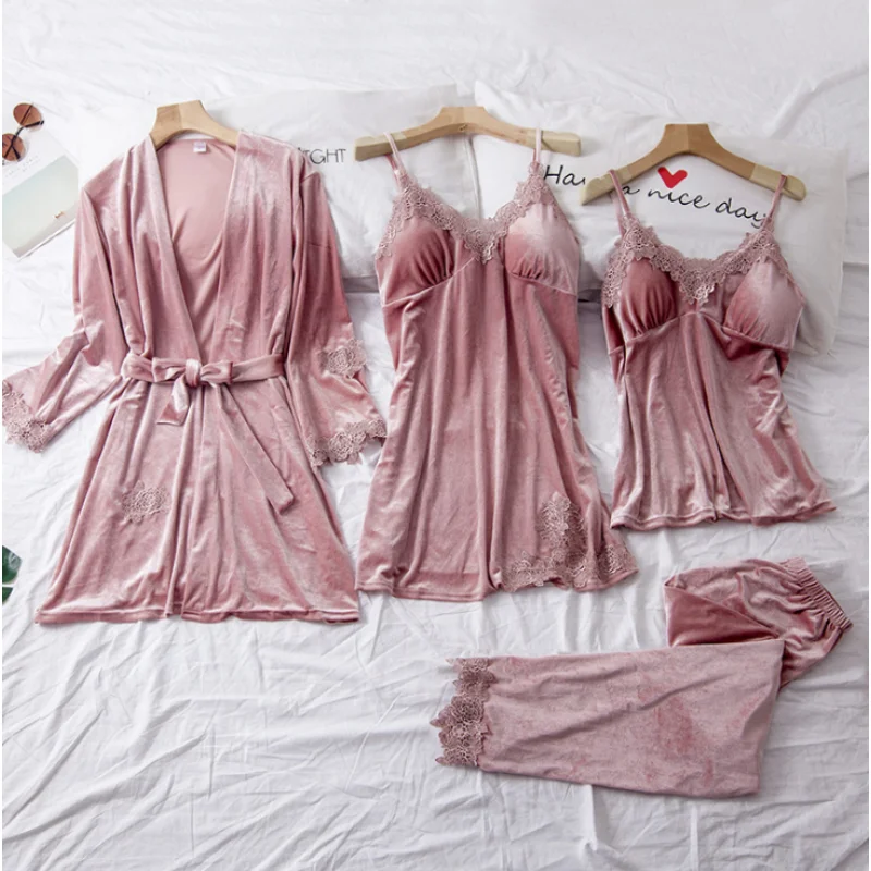 

Autumn women Sexy velvet Pajama Sets long sleeves robe With bra homewear