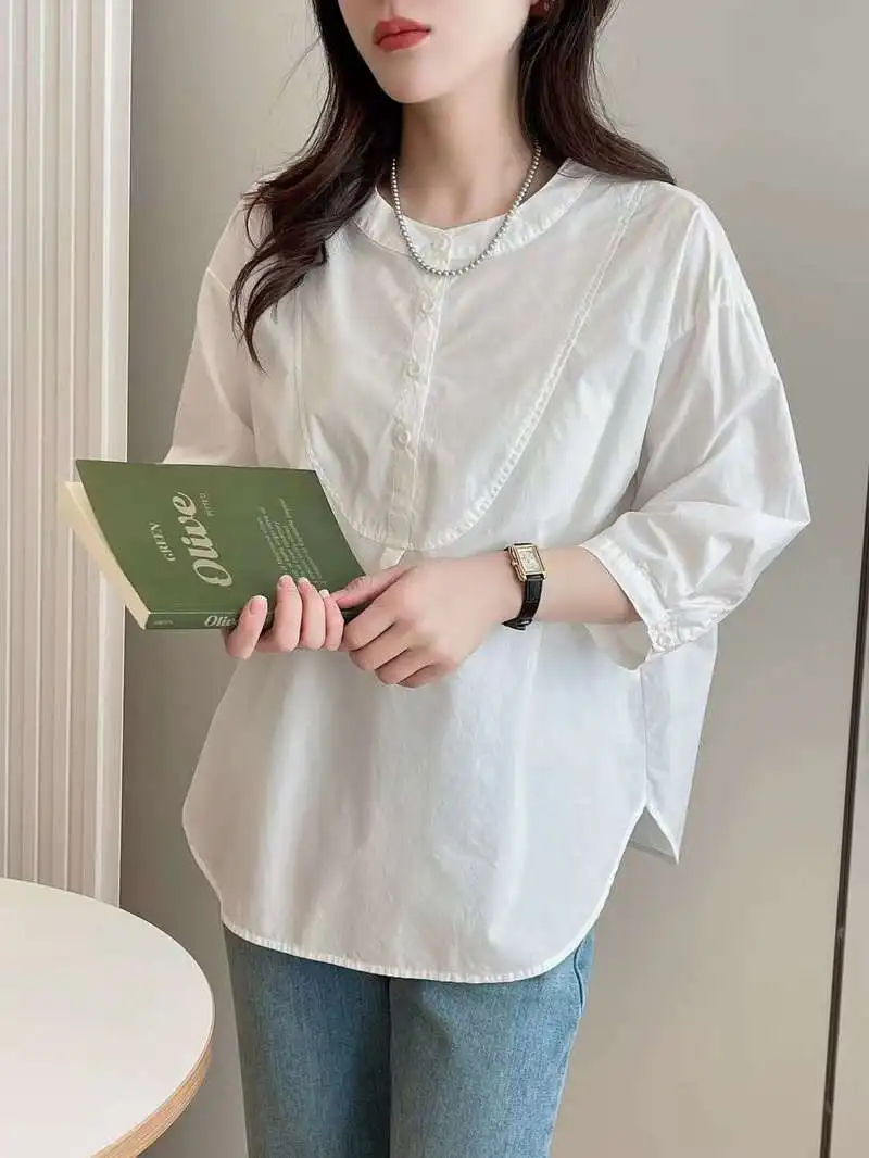 Женская хлопковая рубашка с воротником-стойкой однотонная Свободная