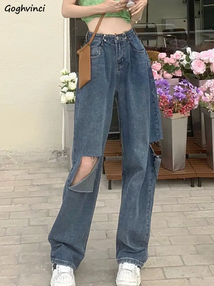 

Женские джинсы с дырками, модные шикарные Широкие штаны с высокой талией, популярные свободные летние повседневные Простые темпераментные джинсы в Корейском стиле для студентов