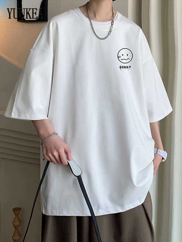 

YUUKEA Loose Smile Graphic Printed T Shirts for Men Cotton O-neck Short Sleeve Soft Tees Women Summer Casual Korean Simple Tops
