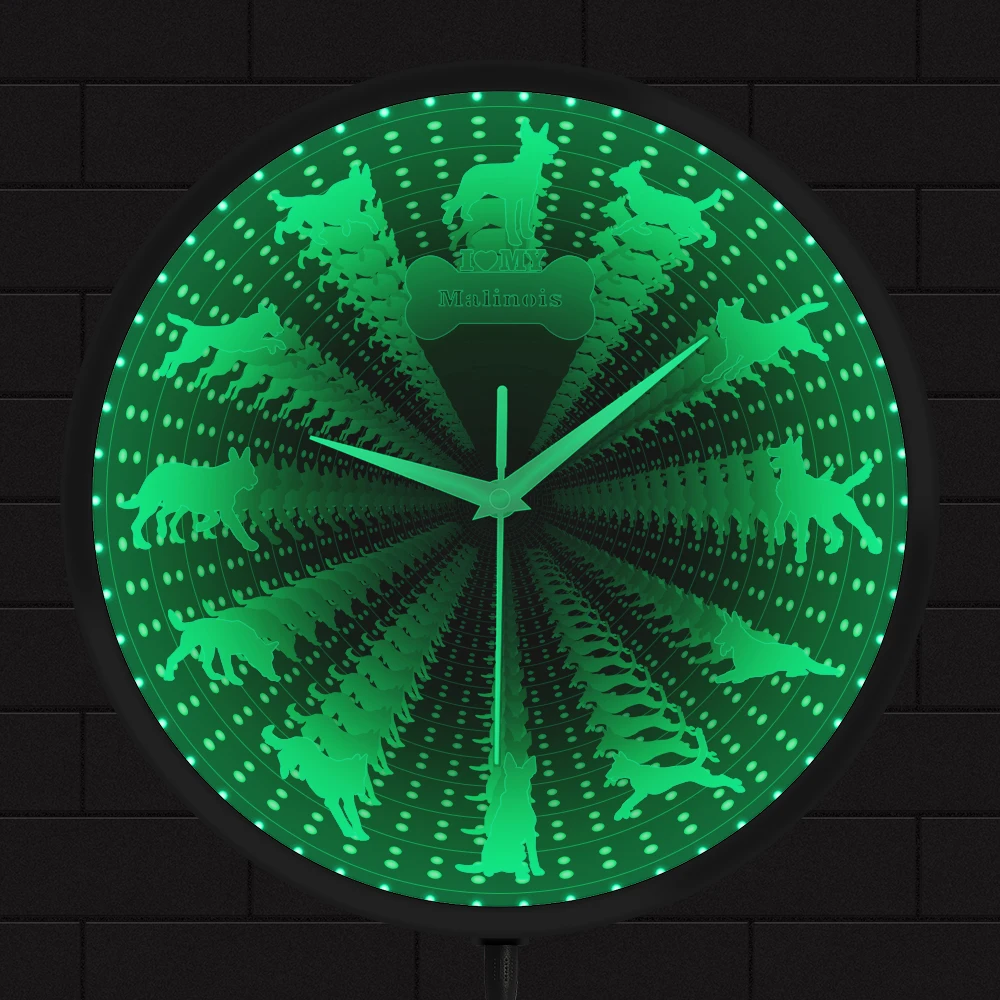 

Belgian Shepherd Dog Interstellar Infinity Mirror Luminous Wall Clock Mechelse Malinois Puppy Glowing Watch Housewarming Gift