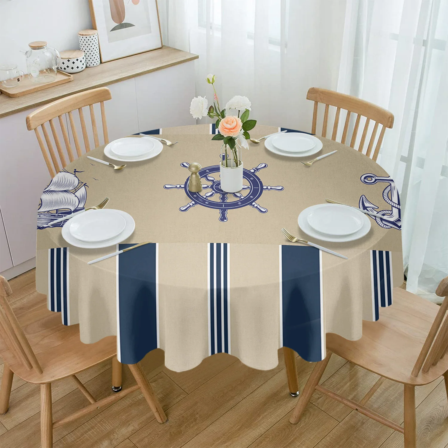 

Striped Ship Rudder Anchor Round Tablecloth Waterproof Wedding Party Table Cover Holiday Dining Table Tablecloth